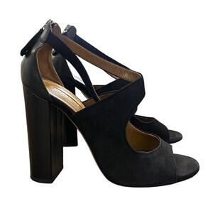 Aquazzura Black Suede Ankle Strap Block Heel Sandals EU 39.5 Italy